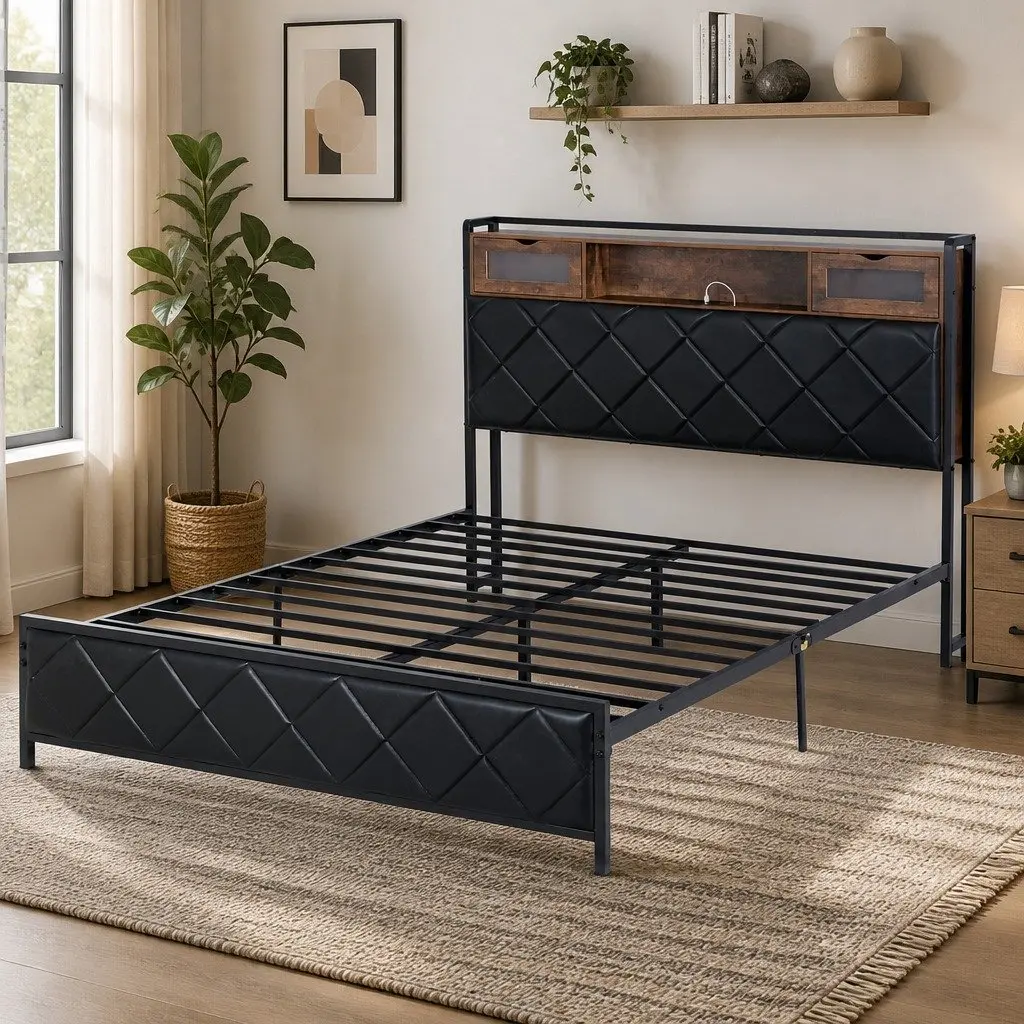 Queen Bed Frame with LED Lights Storage Headboard USB Charging Station Black
