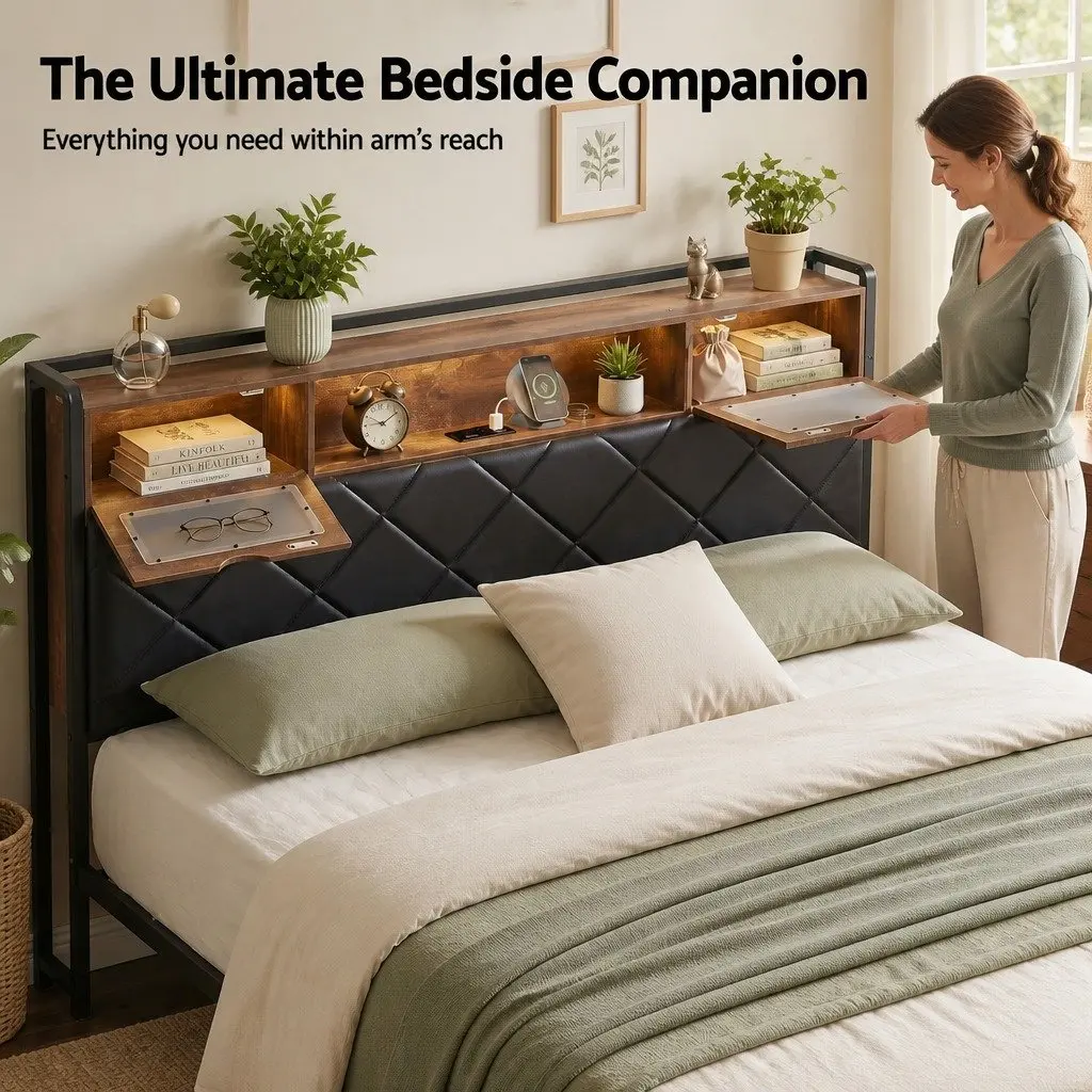Queen Bed Frame with LED Lights Storage Headboard USB Charging Station Black