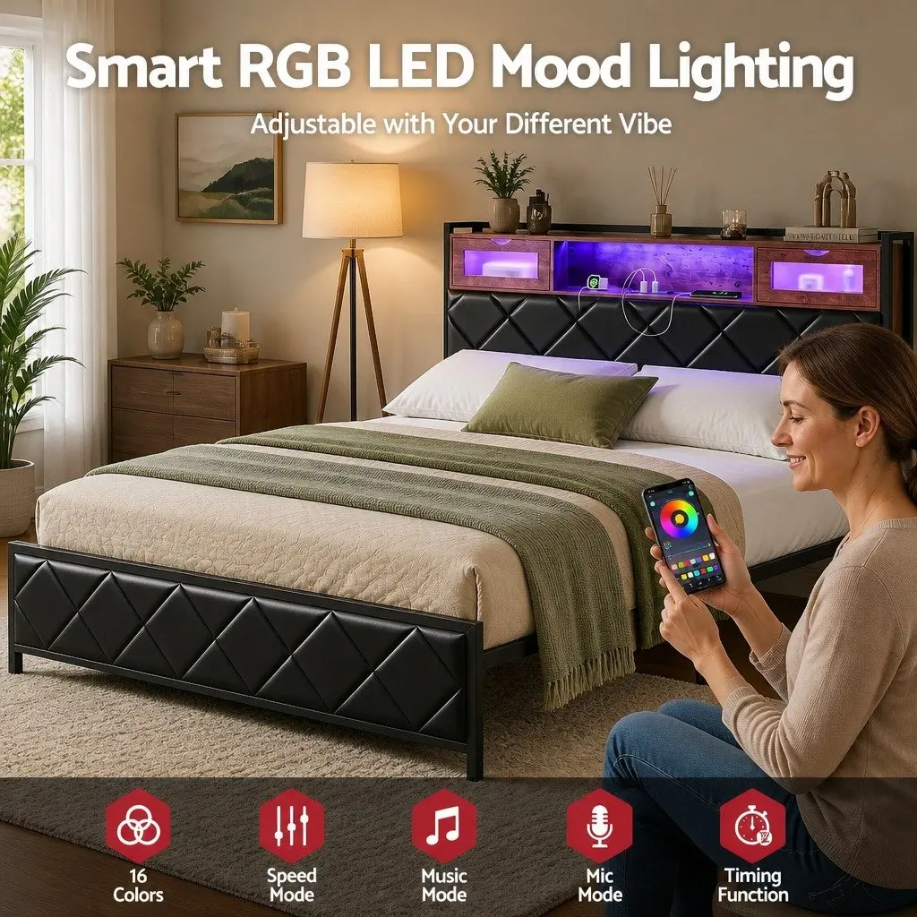 Queen Bed Frame with LED Lights Storage Headboard USB Charging Station Black