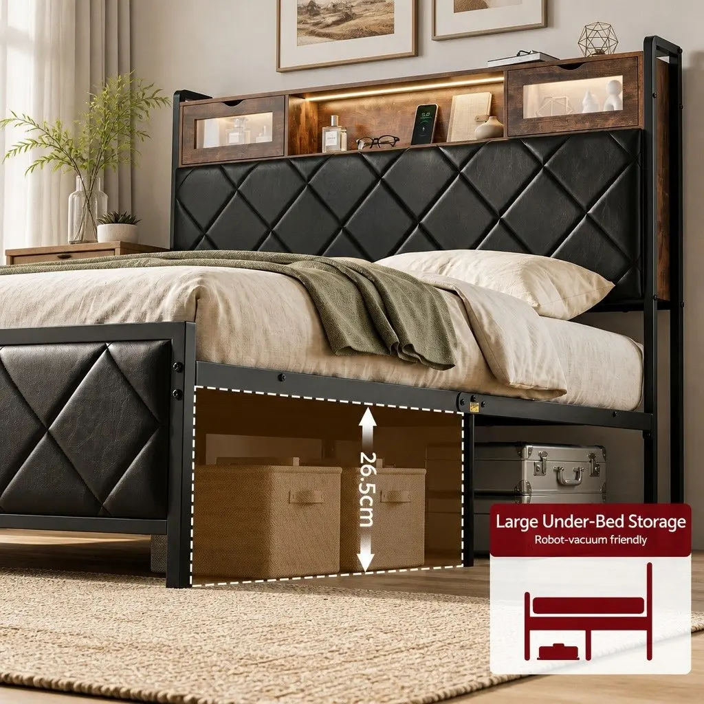 Queen Bed Frame with LED Lights Storage Headboard USB Charging Station Black