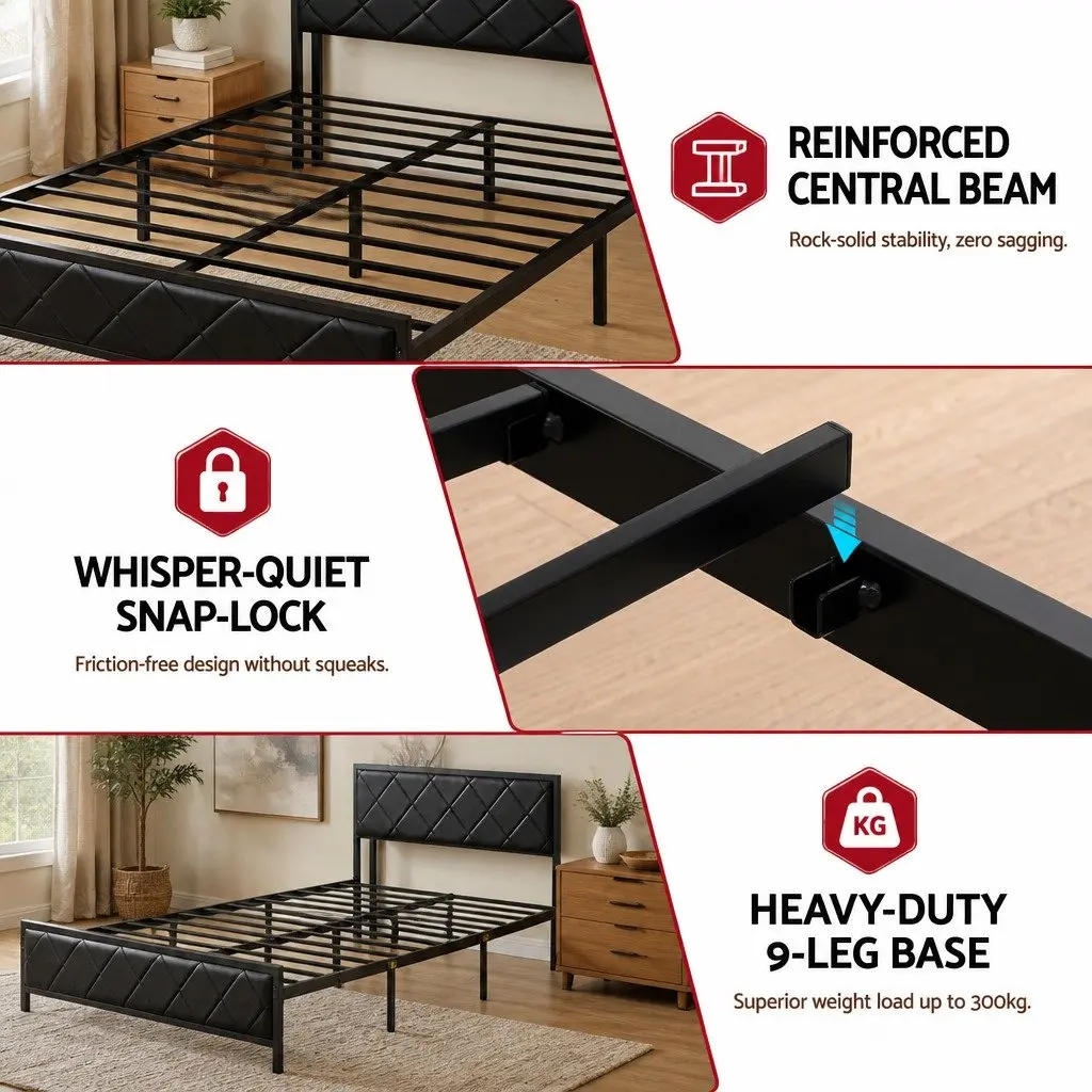Queen Bed Frame with LED Lights Storage Headboard USB Charging Station Black