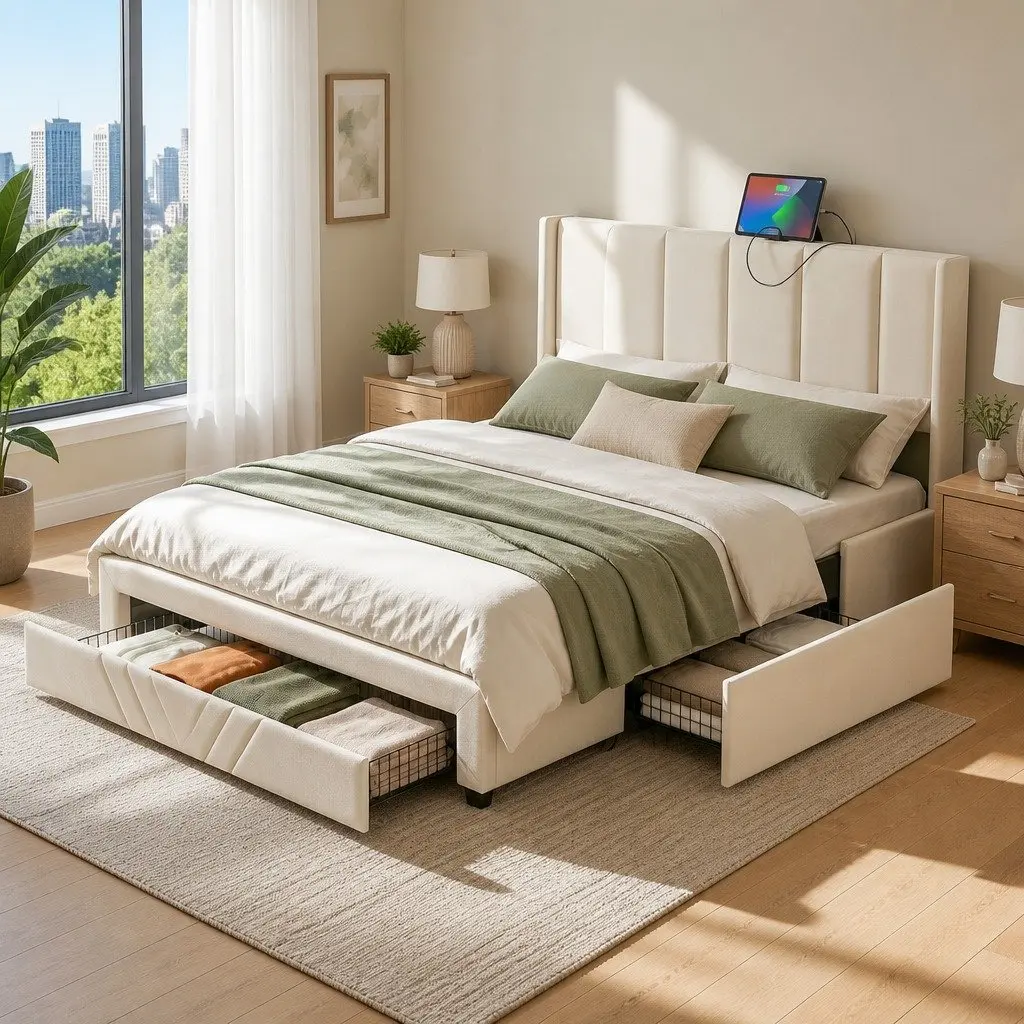 Double Bed Frame in Beige