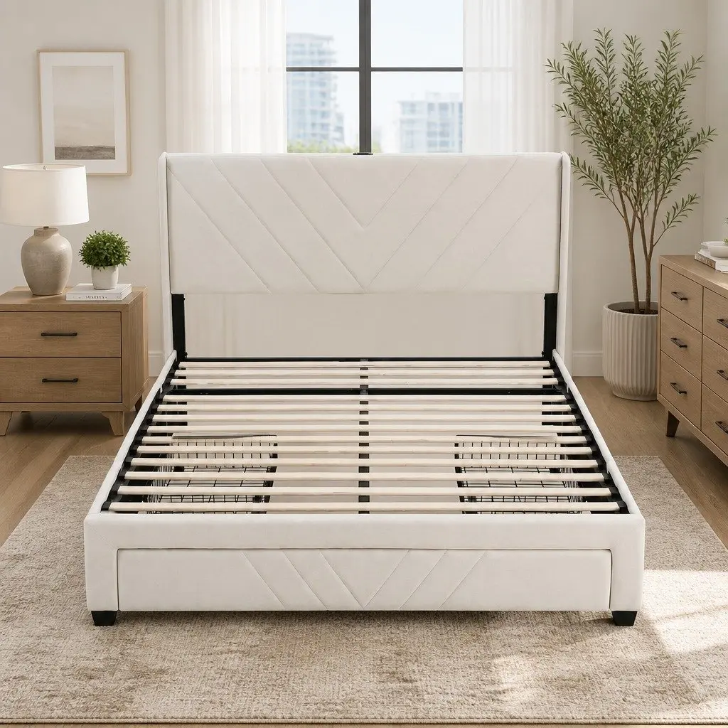 Double Bed Frame Upholstered Charging Station Storage Drawers 145x202cm Beige