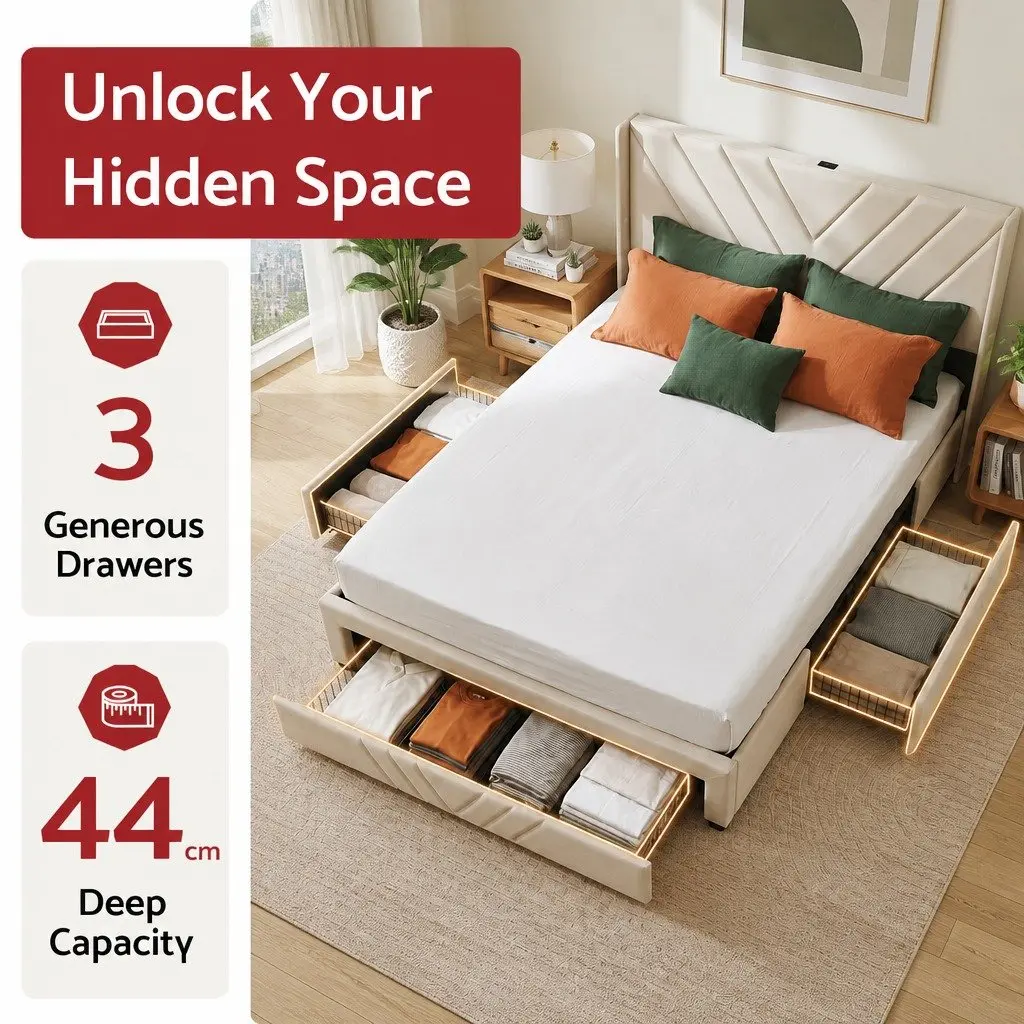 Double Bed Frame Upholstered Charging Station Storage Drawers 145x202cm Beige