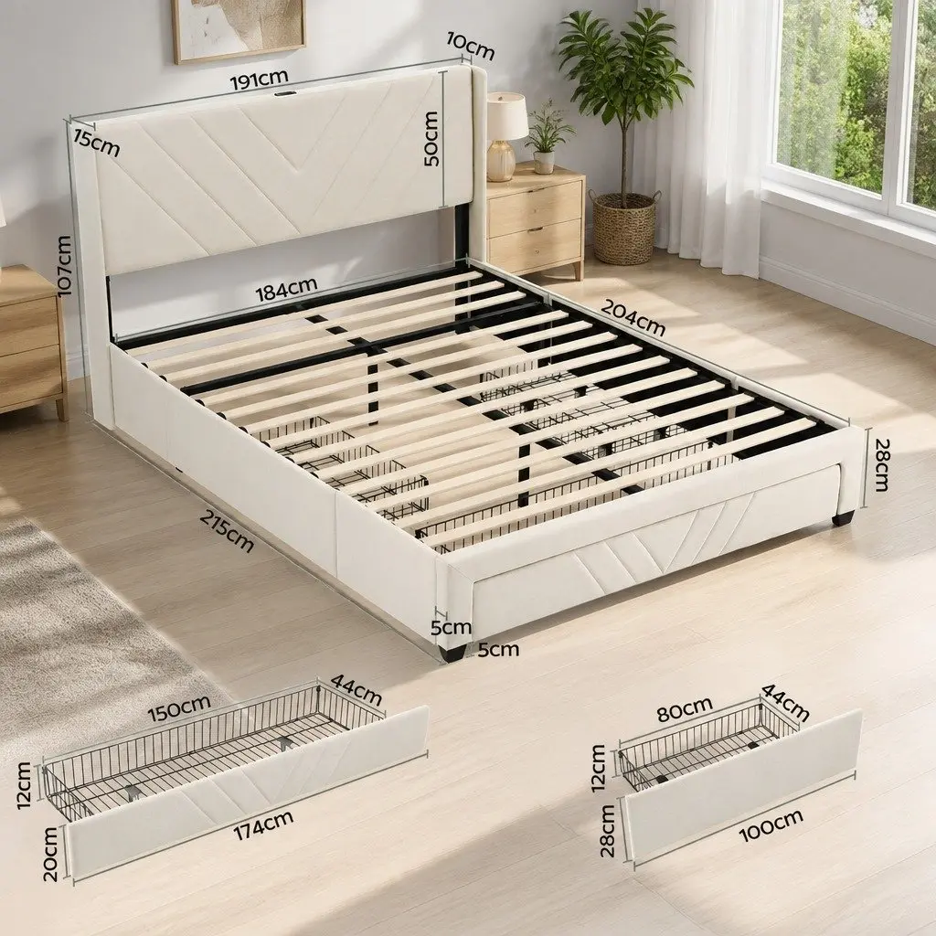 King Bed Frame with Charging Station and Storage Drawers 191W x 215L x 107H cm Beige