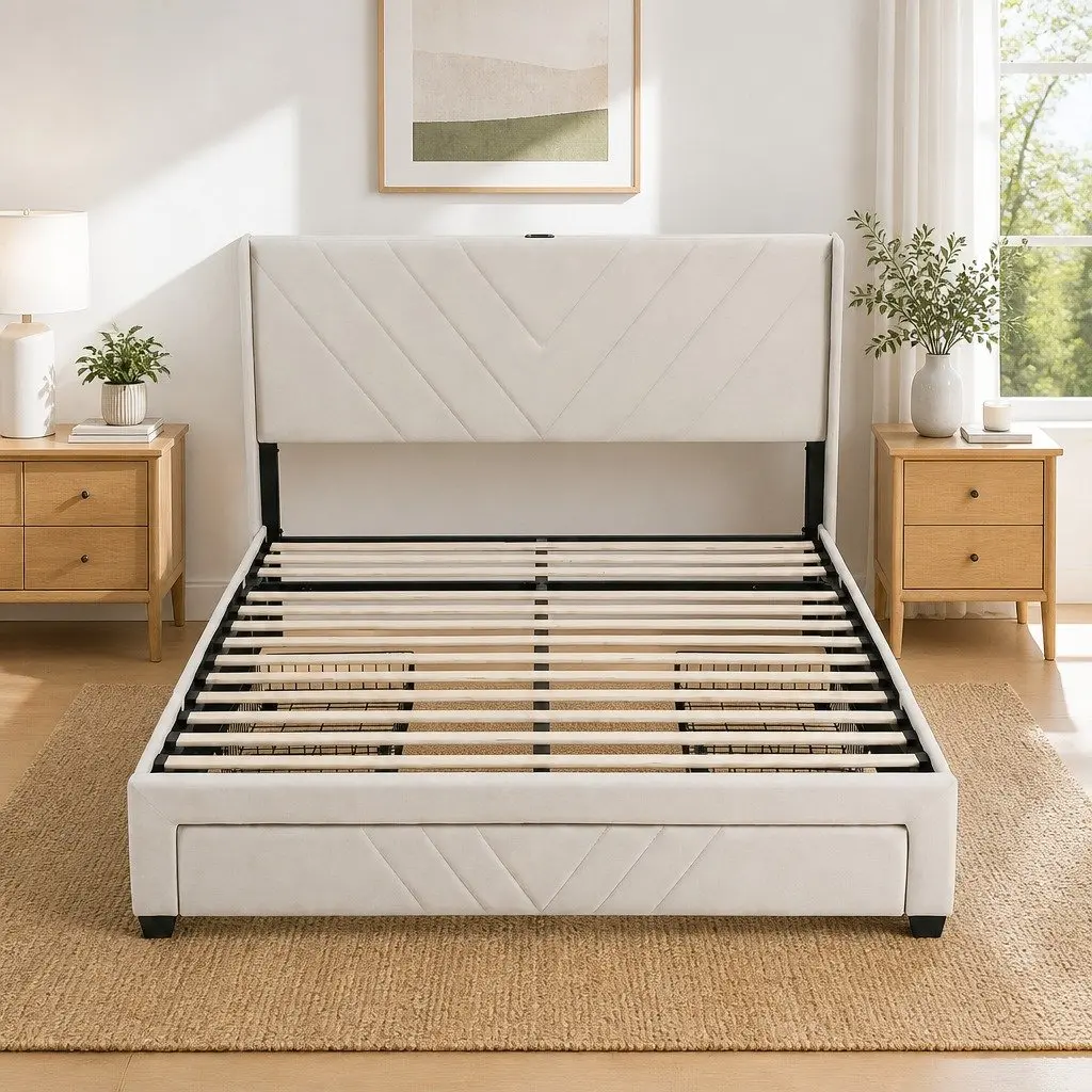 King Bed Frame with Charging Station and Storage Drawers 191W x 215L x 107H cm Beige