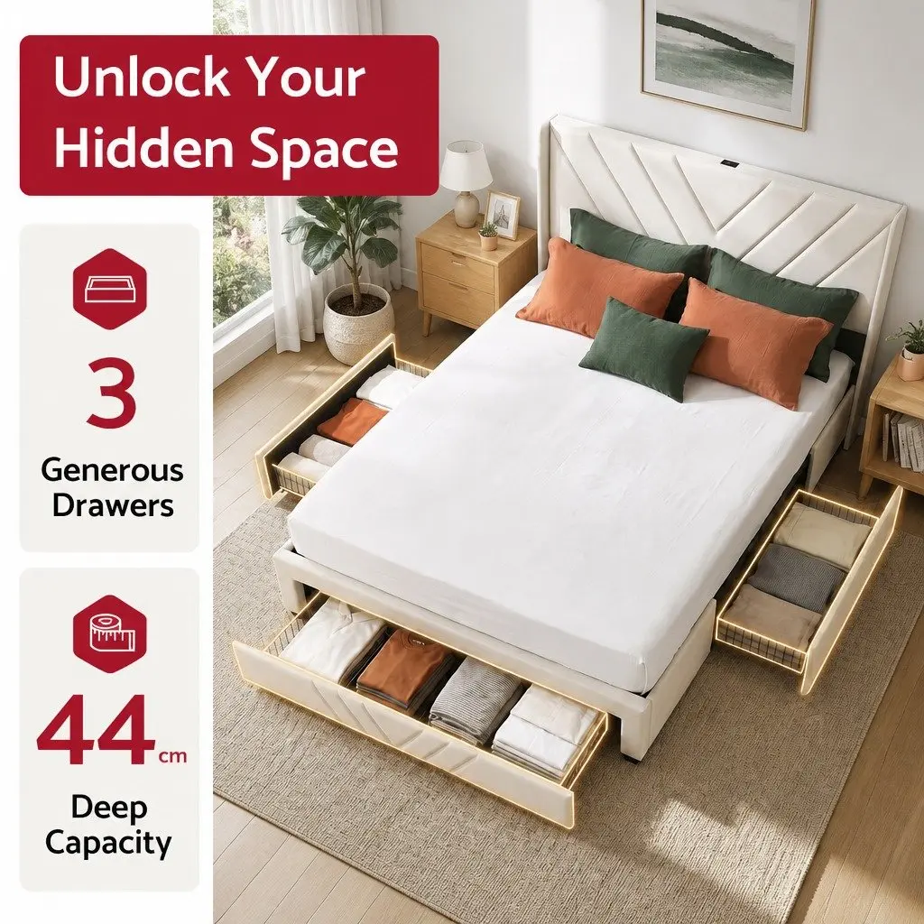 King Bed Frame with Charging Station and Storage Drawers 191W x 215L x 107H cm Beige