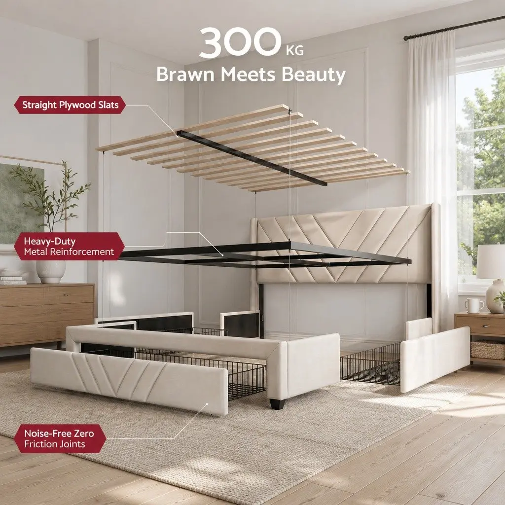 King Bed Frame with Charging Station and Storage Drawers 191W x 215L x 107H cm Beige