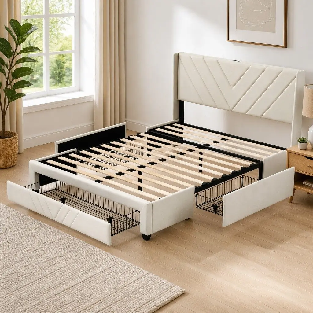 Queen Bed Frame with Charging Station Storage Drawers 300KG Capacity Beige