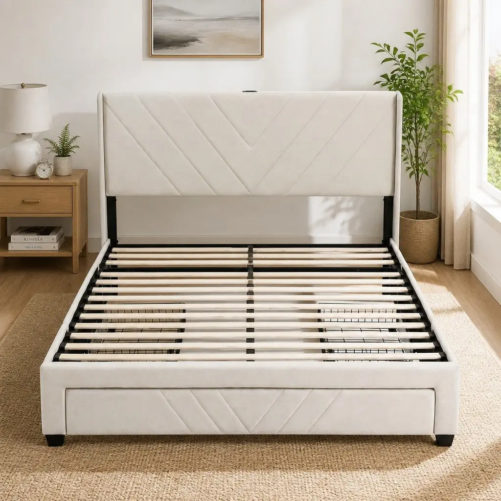 Queen Bed Frame with Charging Station Storage Drawers 300KG Capacity Beige
