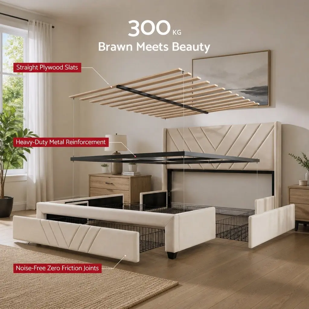 Queen Bed Frame with Charging Station Storage Drawers 300KG Capacity Beige