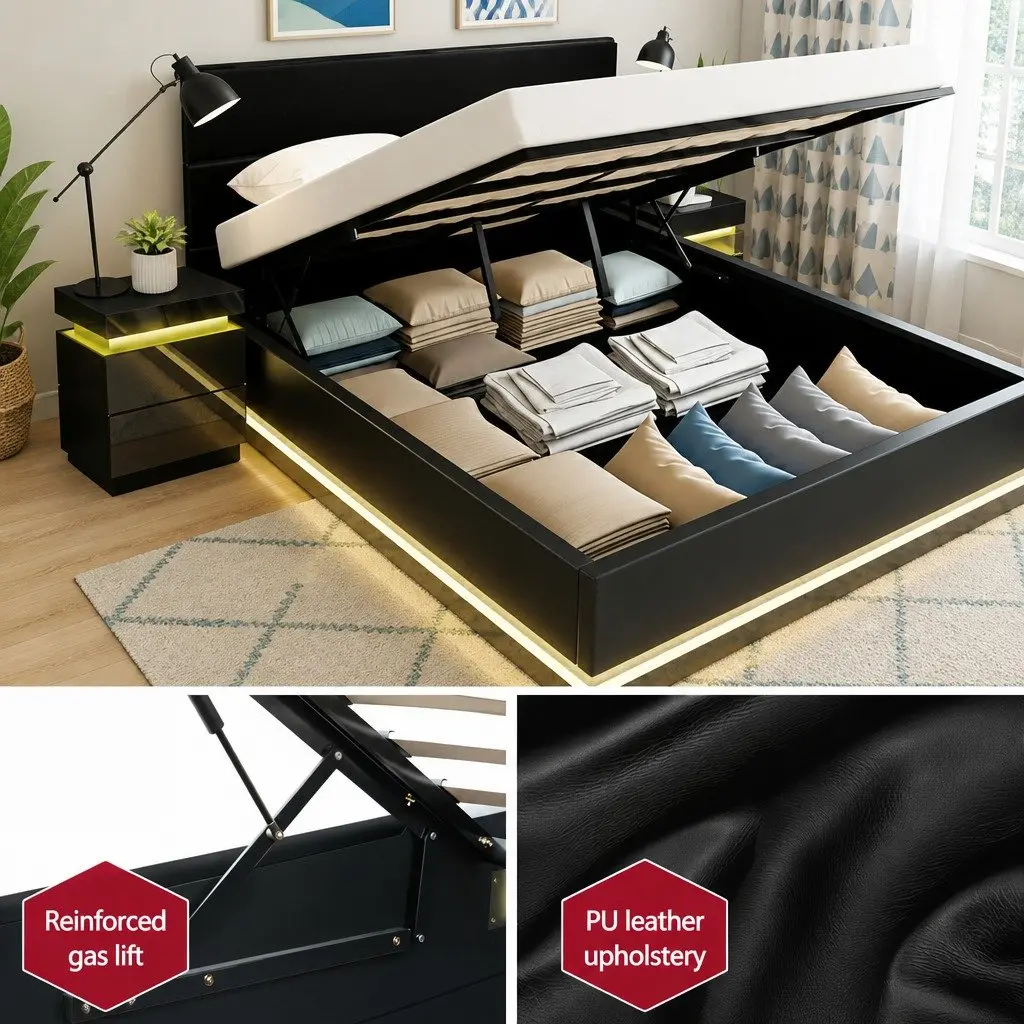 Queen Bed Frame with 2 LED Bedside Tables RGB 16 Colour Mood Lighting Storage