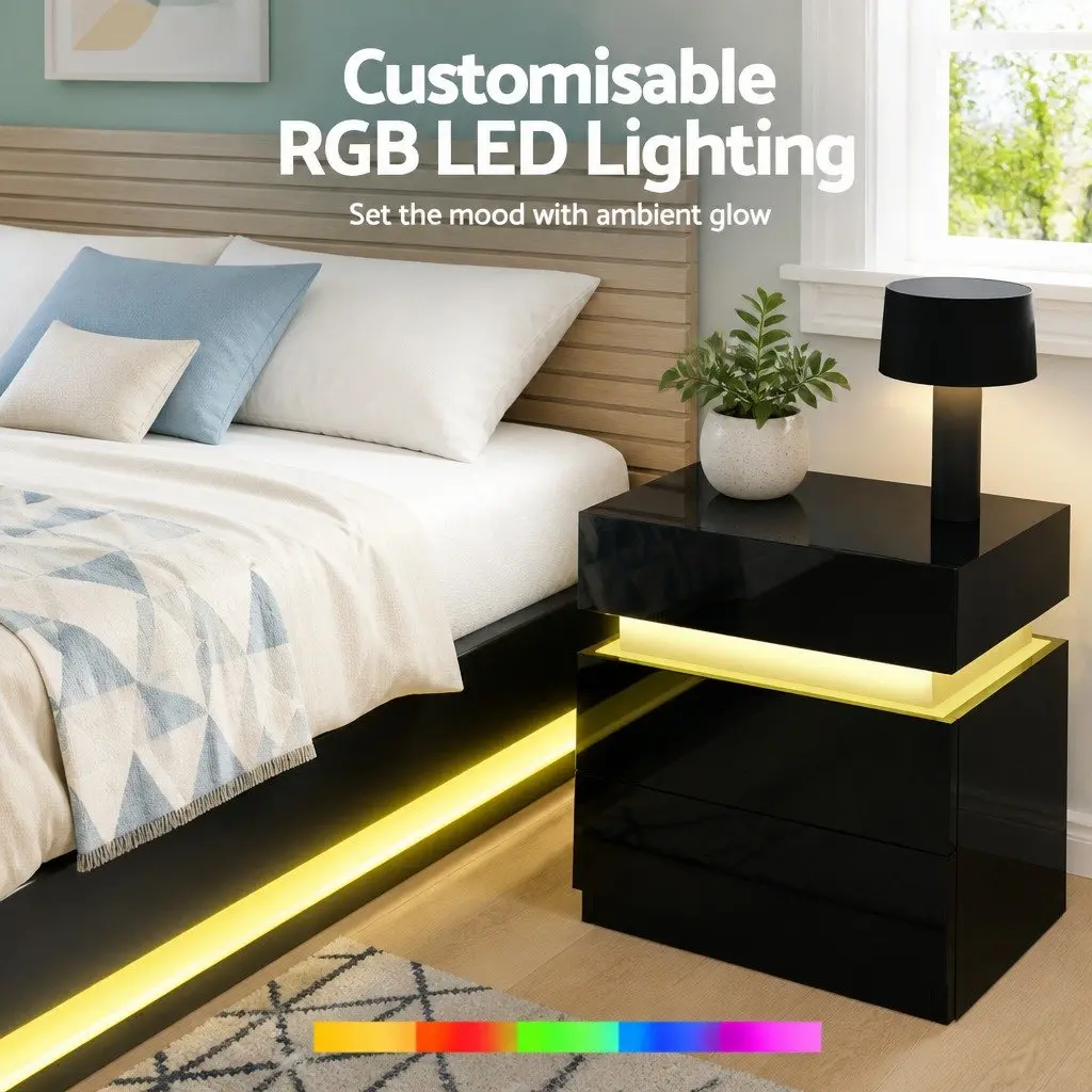 Queen Bed Frame with 2 LED Bedside Tables RGB 16 Colour Mood Lighting Storage