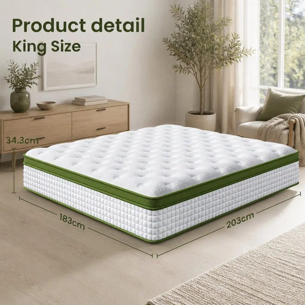 King Bed Frame Mattress Set Upholstered Platform Base Hybrid Pocket Coil Beige White