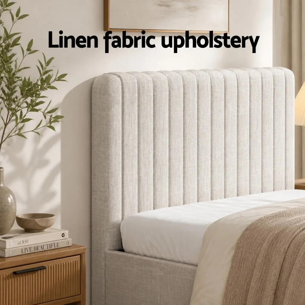 King Bed Frame Mattress Set Upholstered Platform Base Hybrid Pocket Coil Beige White