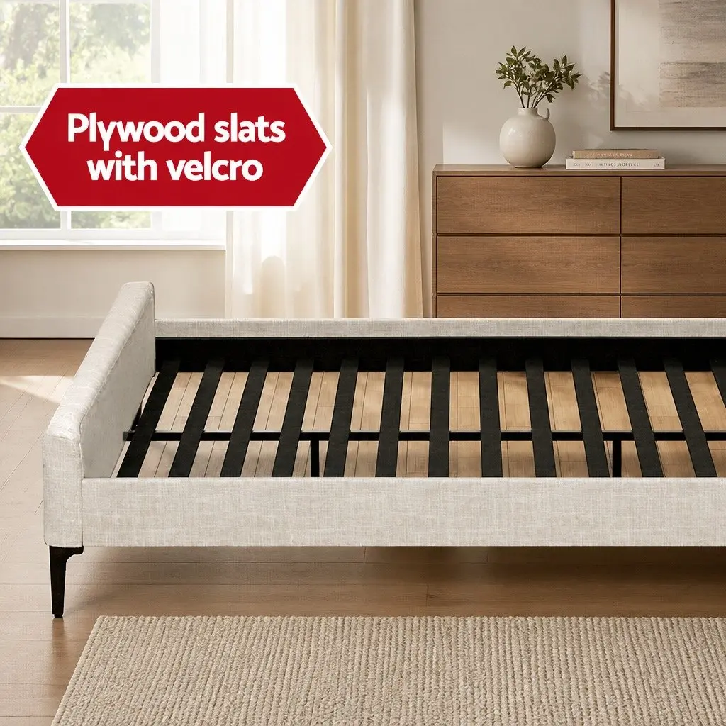 King Bed Frame Mattress Set Upholstered Platform Base Hybrid Pocket Coil Beige White