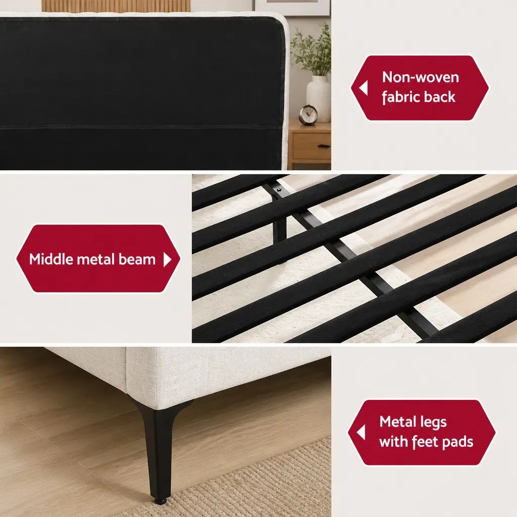King Bed Frame Mattress Set Upholstered Platform Base Hybrid Pocket Coil Beige White