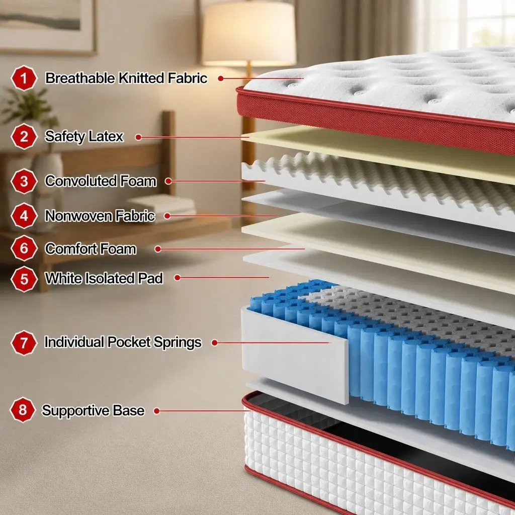 King Bed Frame Mattress Set Upholstered Platform Base Hybrid Pocket Coil Beige White