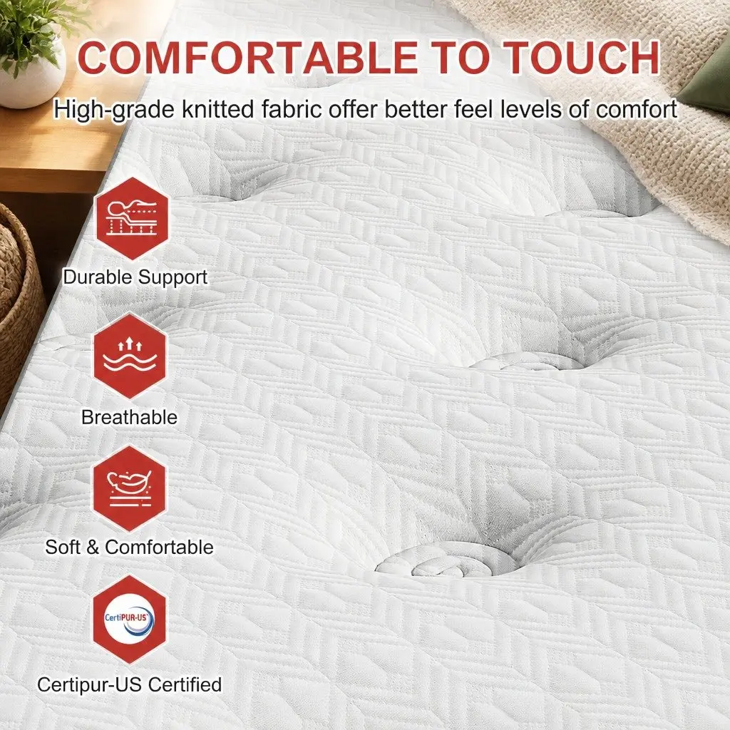 King Bed Frame Mattress Set Upholstered Platform Base Hybrid Pocket Coil Beige White