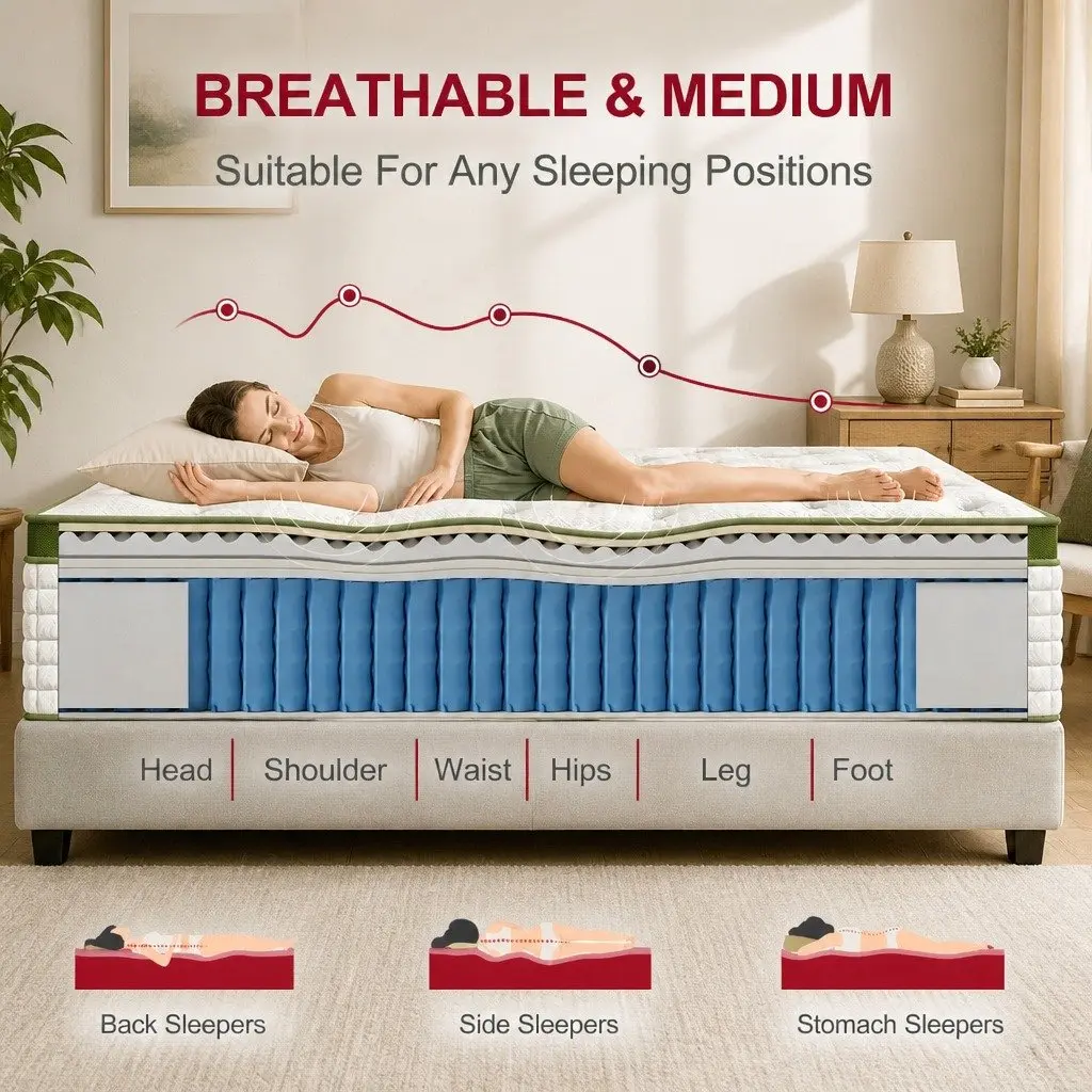 King Bed Frame Mattress Set Upholstered Platform Base Hybrid Pocket Coil Beige White