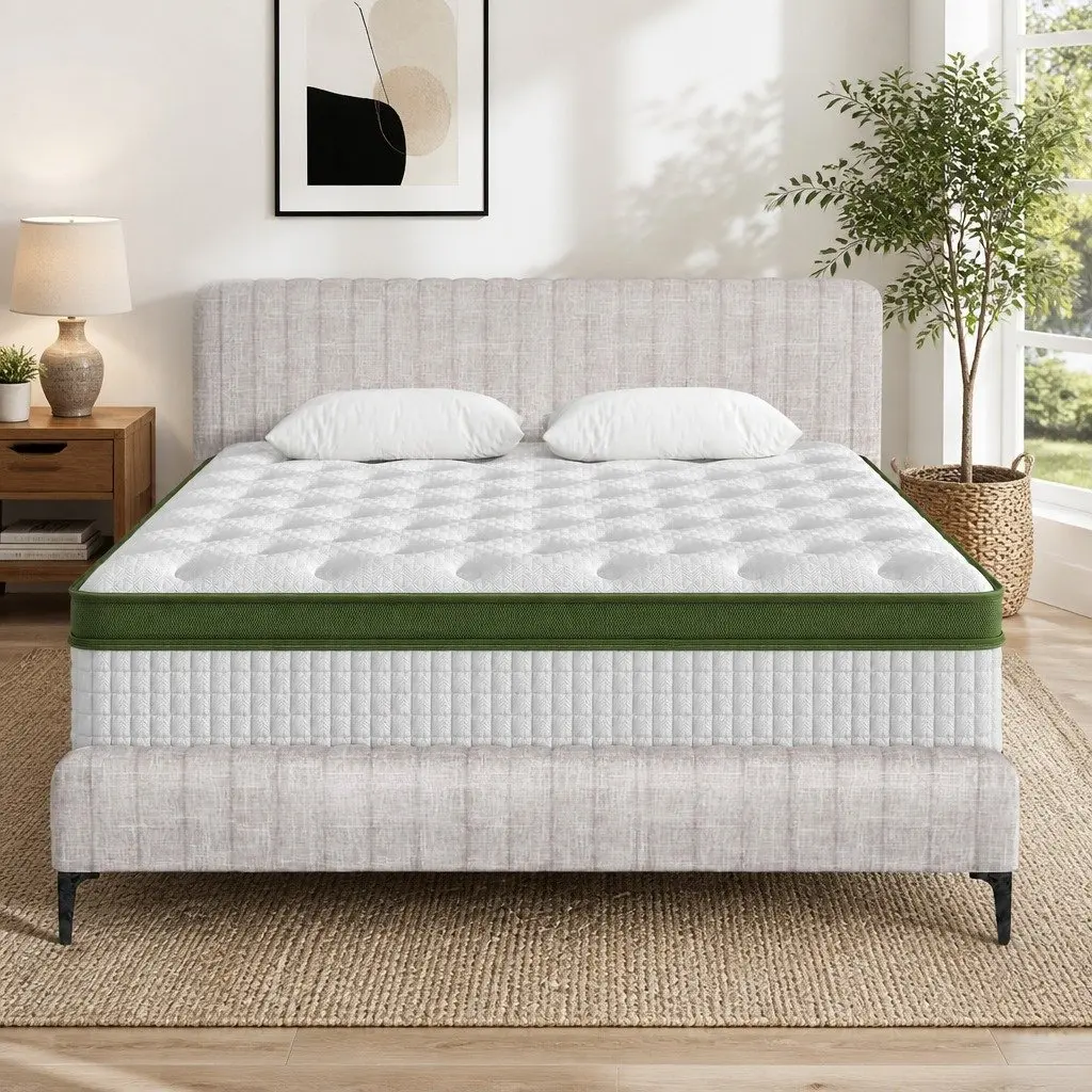 Queen Bed Frame Mattress Set Upholstered Platform Base Pocket Coil Medium Firm 222.5 x 165 x 104 cm