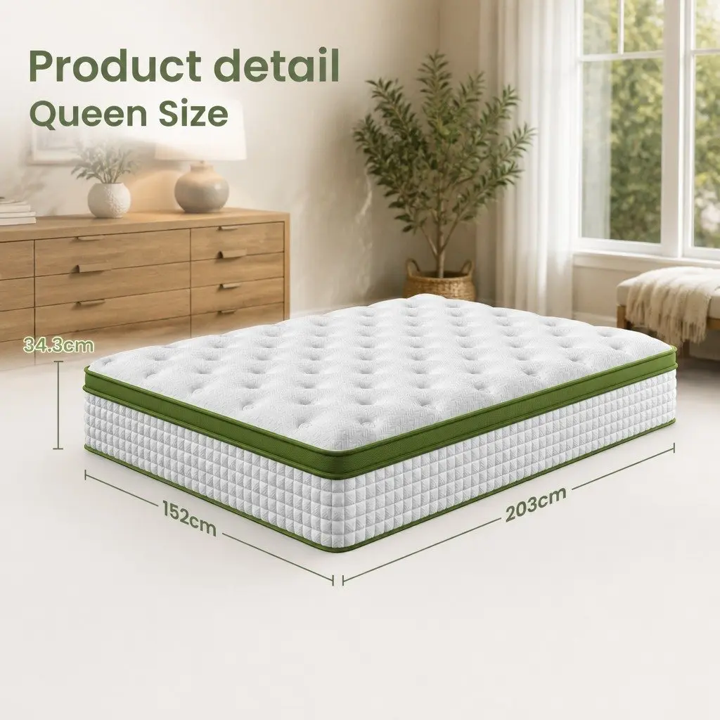 Queen Bed Frame Mattress Set Upholstered Platform Base Pocket Coil Medium Firm 222.5 x 165 x 104 cm