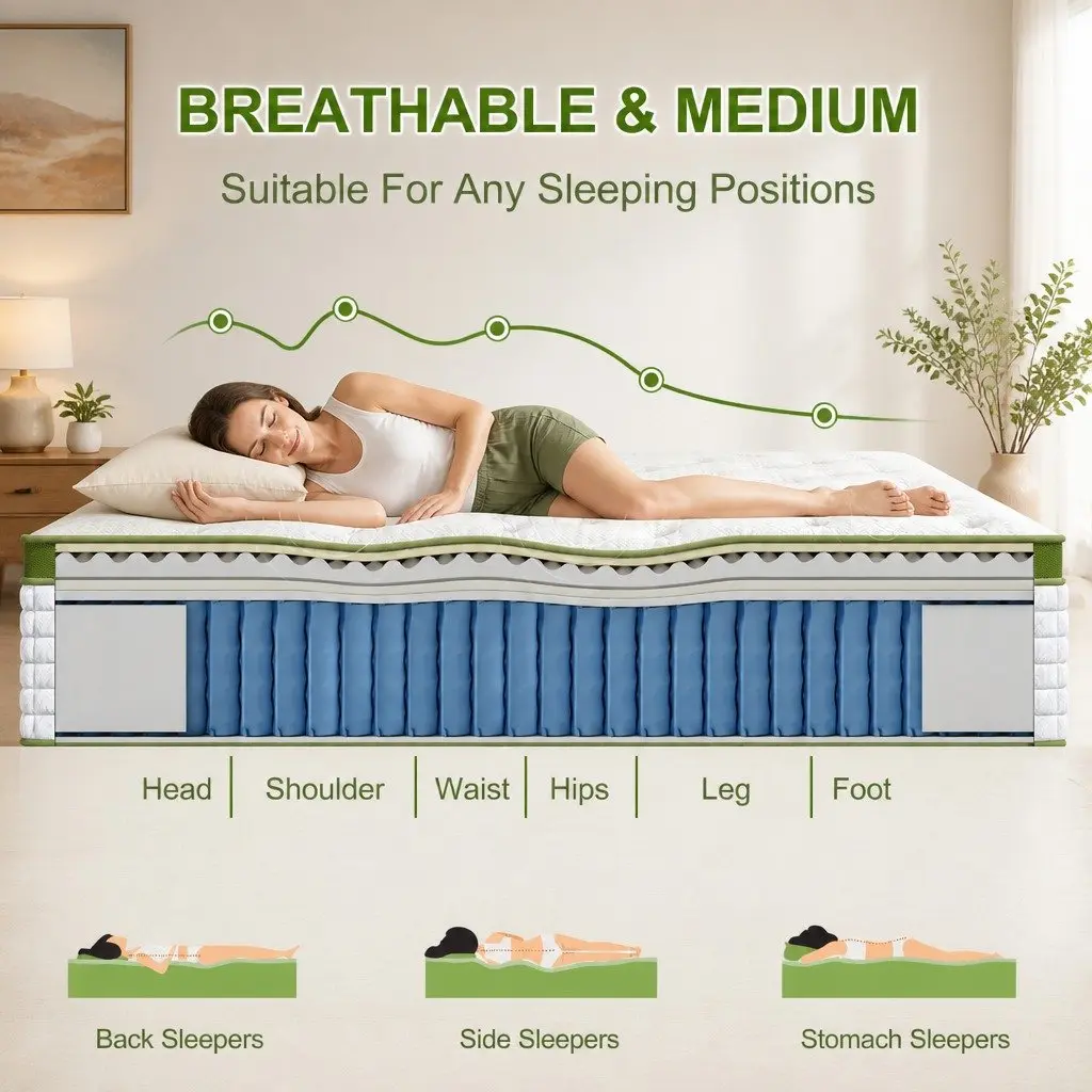 Queen Bed Frame Mattress Set Upholstered Platform Base Pocket Coil Medium Firm 222.5 x 165 x 104 cm