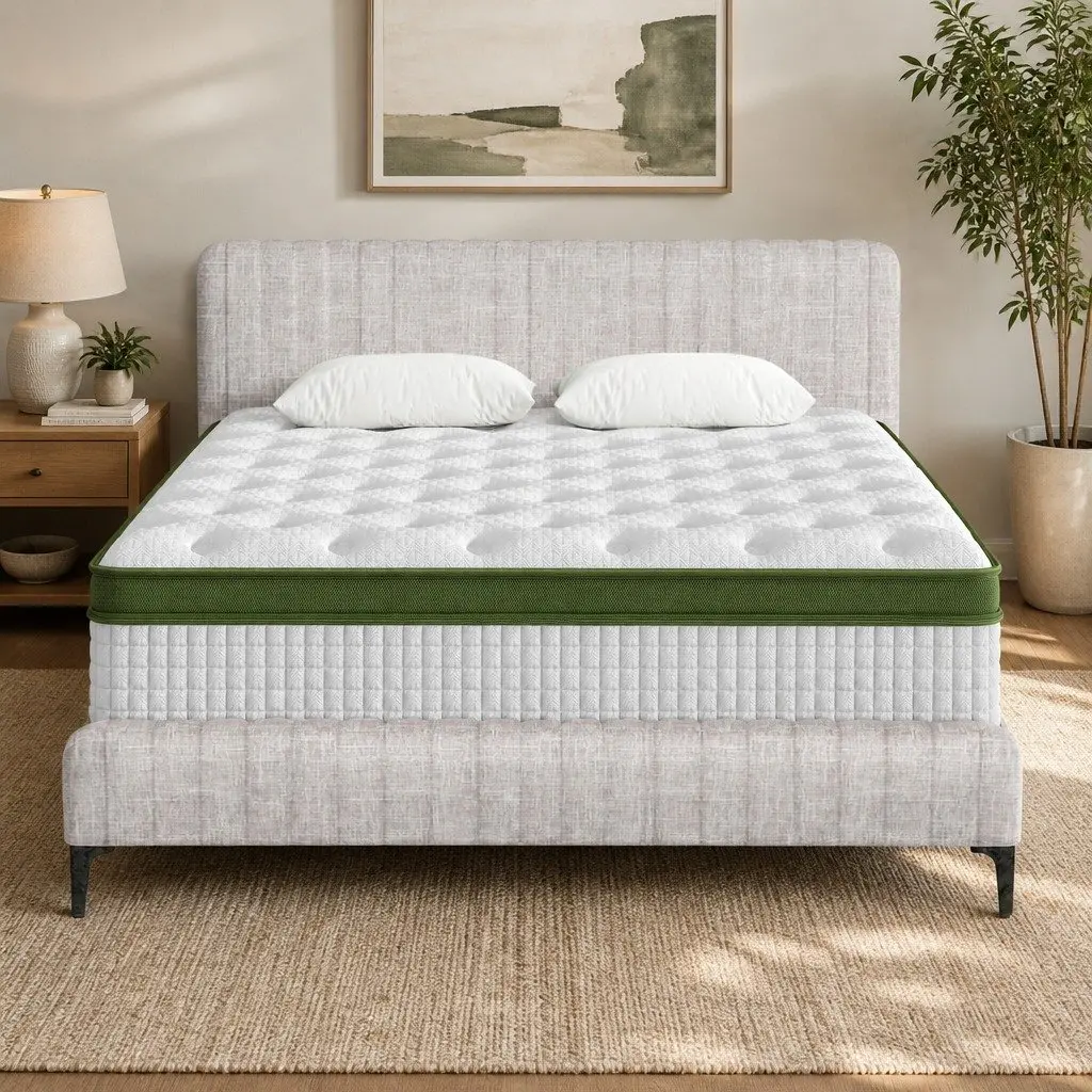 Queen Bed Frame Mattress Set Upholstered Platform Base Pocket Coil Medium Firm 222.5 x 165 x 104 cm