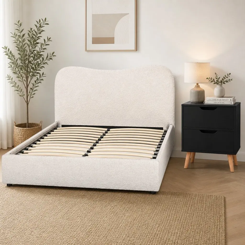Double Bed Frame Bedside Table Set Padded Headboard Double Beige Black