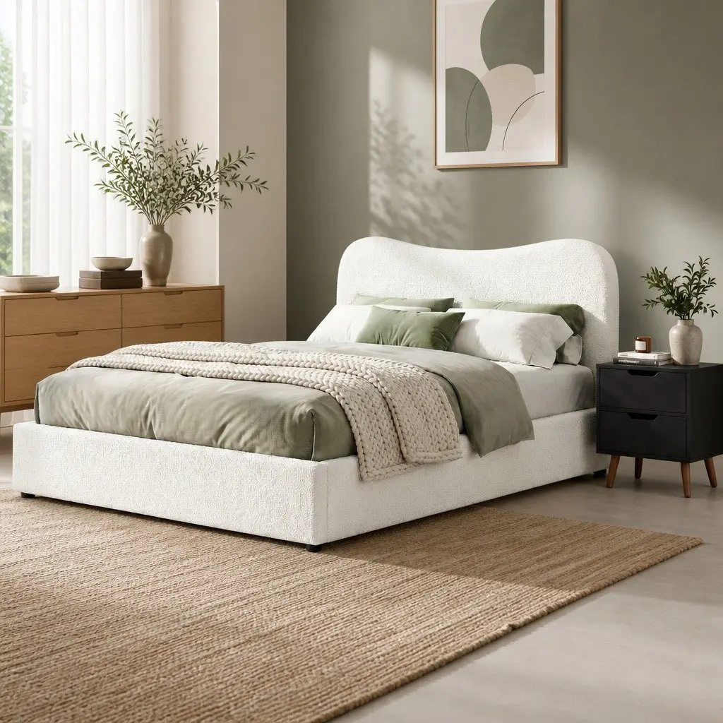 Double Bed Frame Bedside Table Set Padded Headboard Double Beige Black