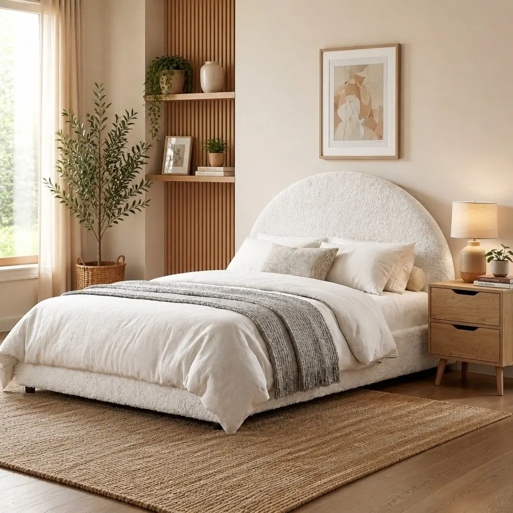 Queen Gas Lift Storage Bed Frame with Bedside Table Boucle Upholstered 216cm L x 160cm W x 99cm H Beige with Black Table