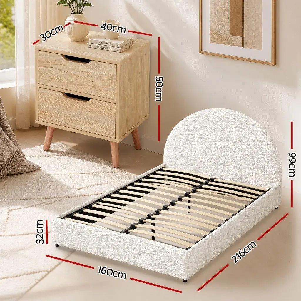 Queen Gas Lift Storage Bed Frame with Bedside Table Boucle Upholstered 216cm L x 160cm W x 99cm H Beige with Black Table