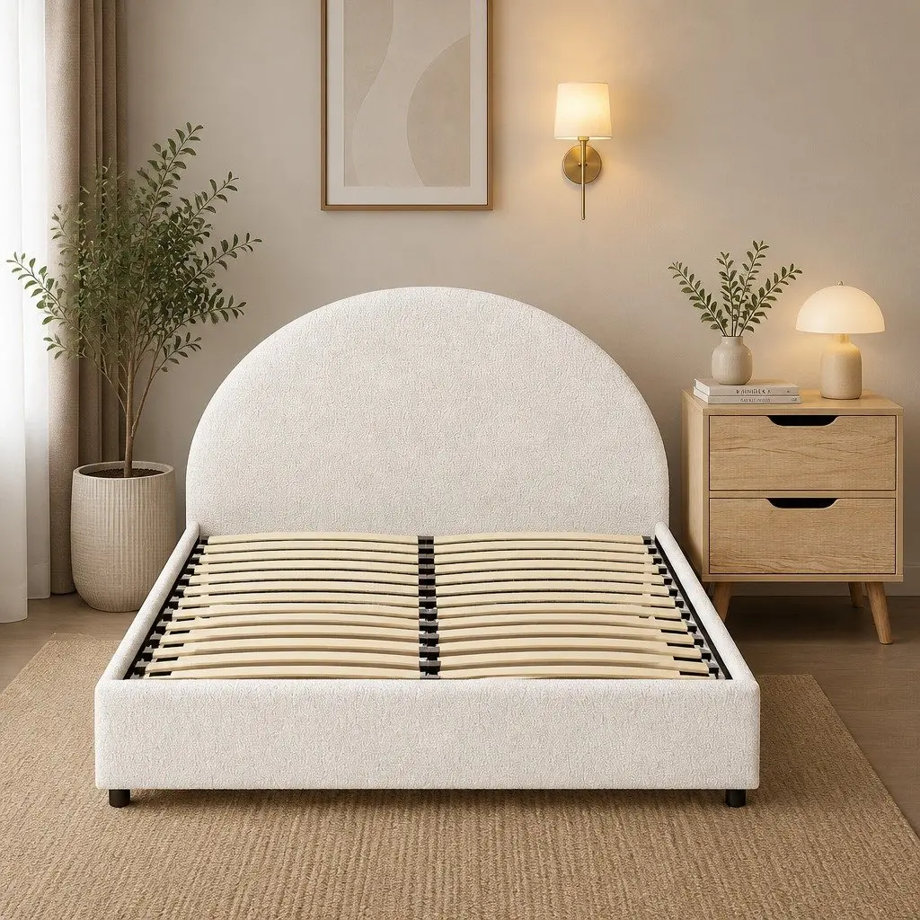 Queen Gas Lift Storage Bed Frame with Bedside Table Boucle Upholstered 216cm L x 160cm W x 99cm H Beige with Black Table