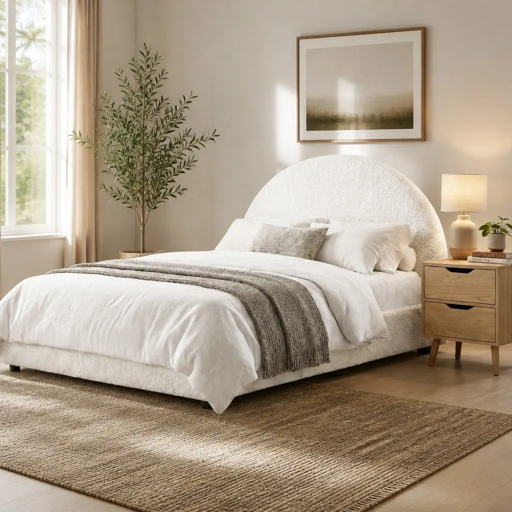 Queen Gas Lift Storage Bed Frame with Bedside Table Boucle Upholstered 216cm L x 160cm W x 99cm H Beige with Black Table
