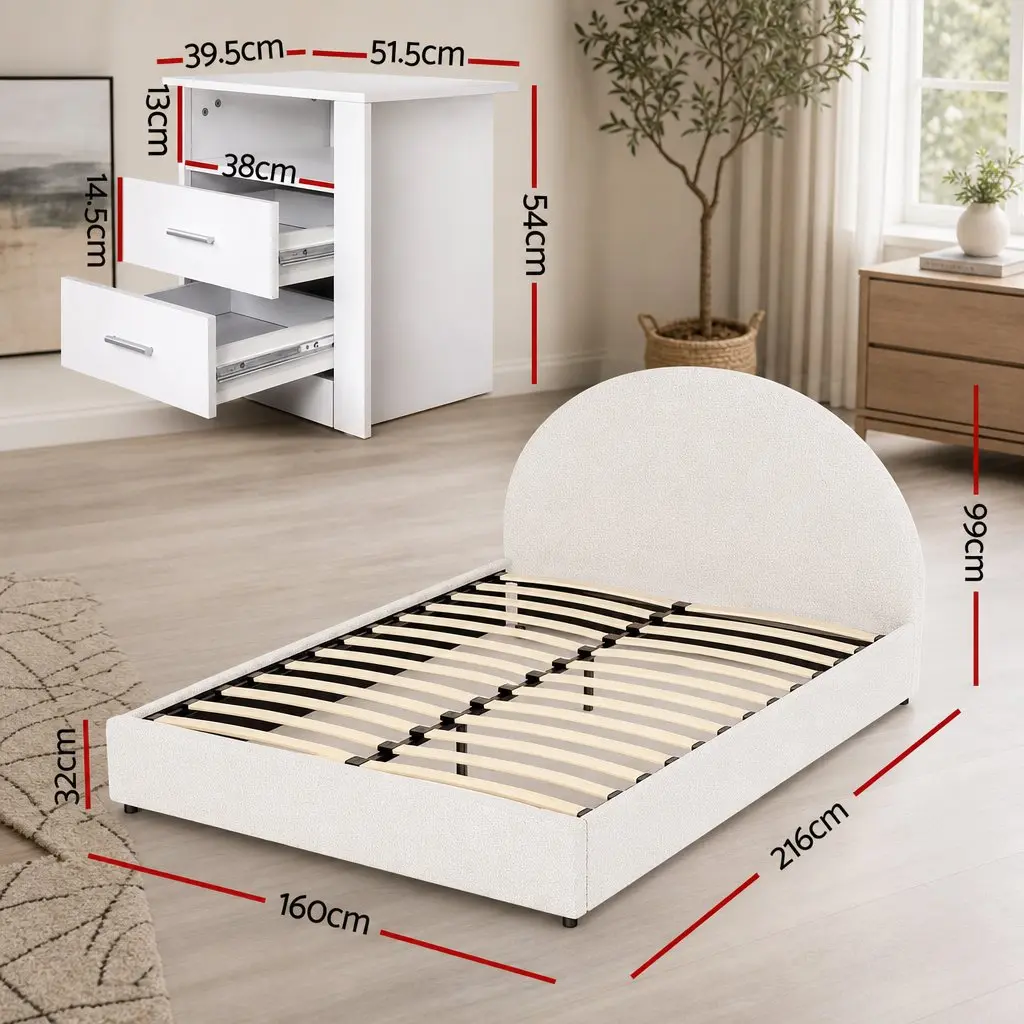 Queen Bed Frame with Gas Lift Storage Boucle Padded 2-Drawer Bedside Table
