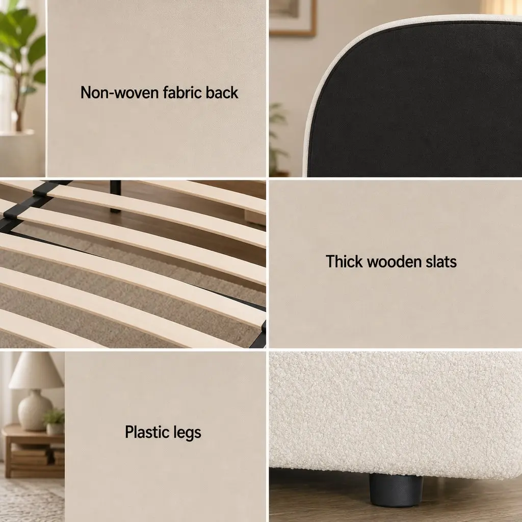 Queen Bed Frame with Gas Lift Storage Boucle Padded 2-Drawer Bedside Table