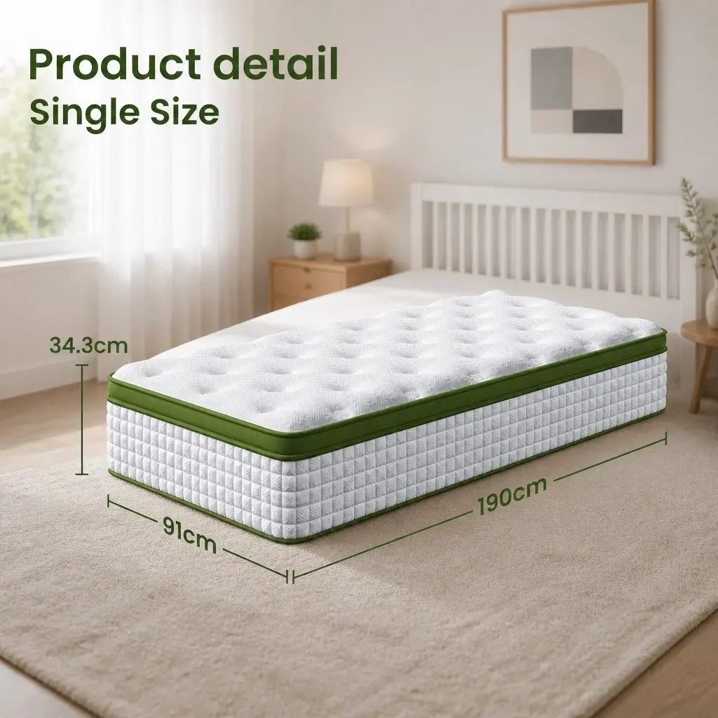 Single Bed Frame Hybrid Mattress Bundle White Boucle Headboard 190cm L x 90cm W