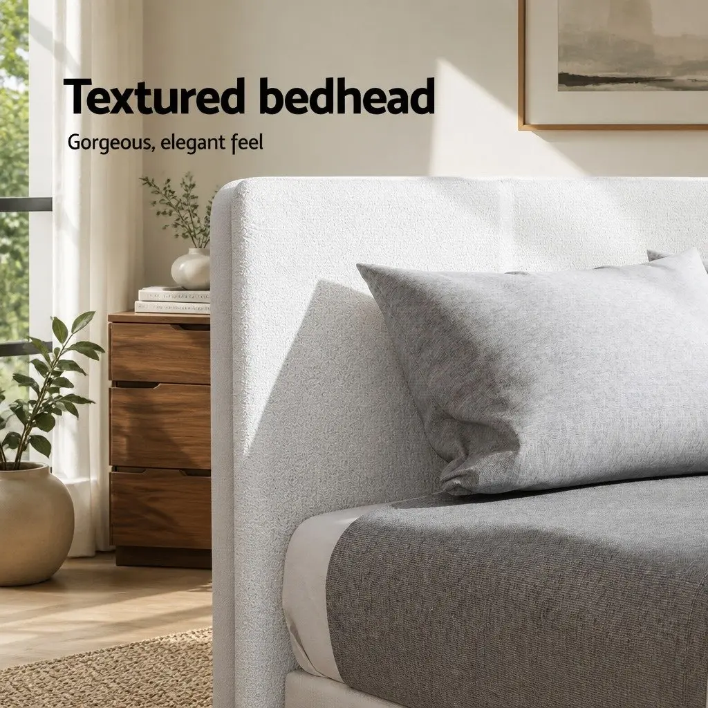 Single Bed Frame Hybrid Mattress Bundle White Boucle Headboard 190cm L x 90cm W