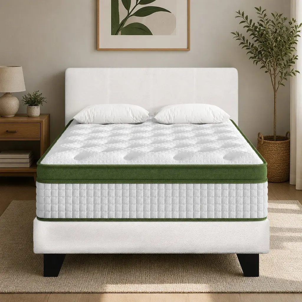 Single Bed Frame Hybrid Mattress Bundle White Boucle Headboard 190cm L x 90cm W
