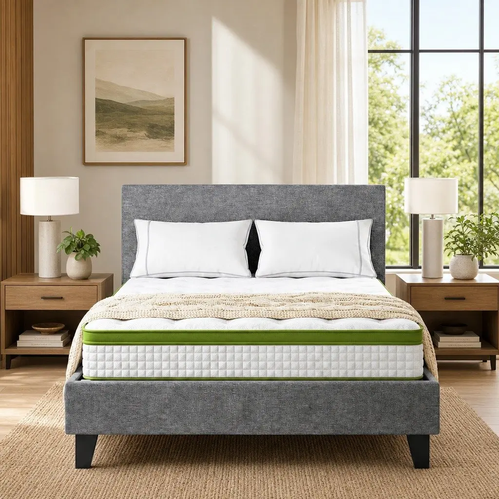 Single Bed Frame Hybrid Mattress 30cm Grey Upholstered Platform