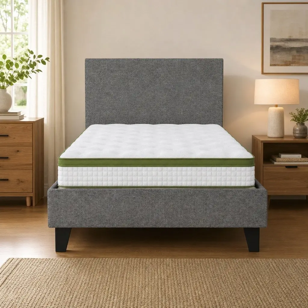Single Bed Frame Hybrid Mattress 30cm Grey Upholstered Platform