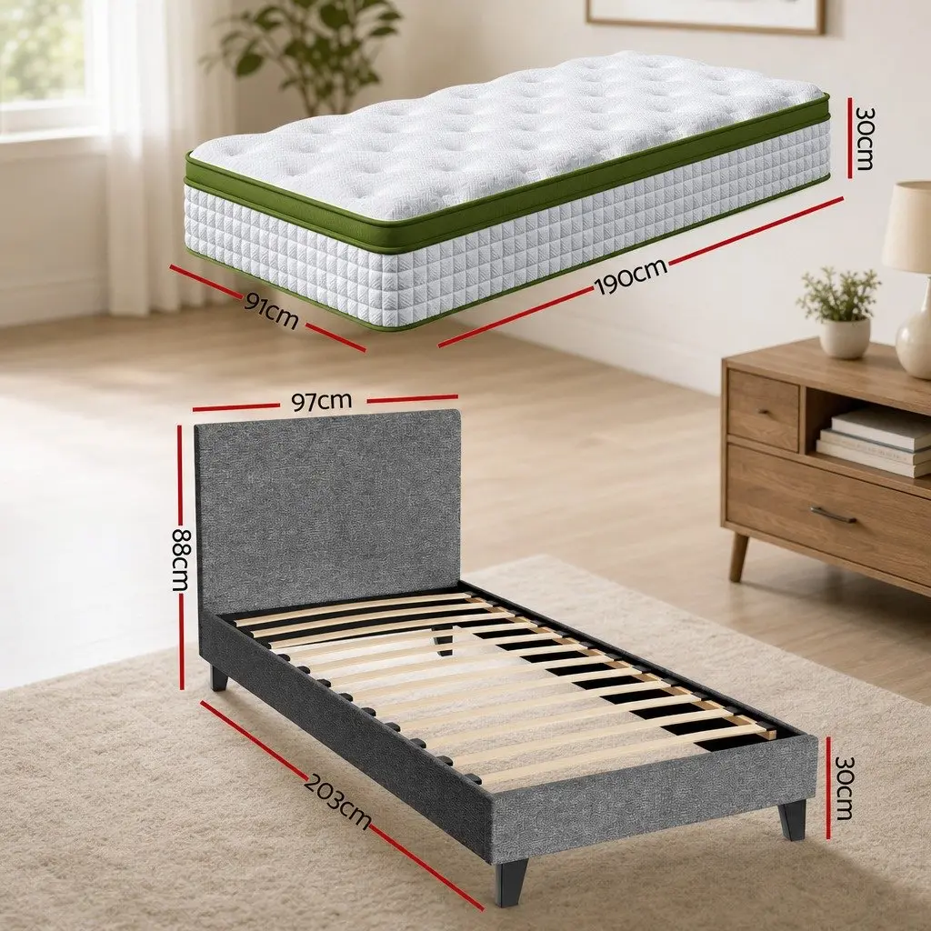 Single Bed Frame Hybrid Mattress 30cm Grey Upholstered Platform