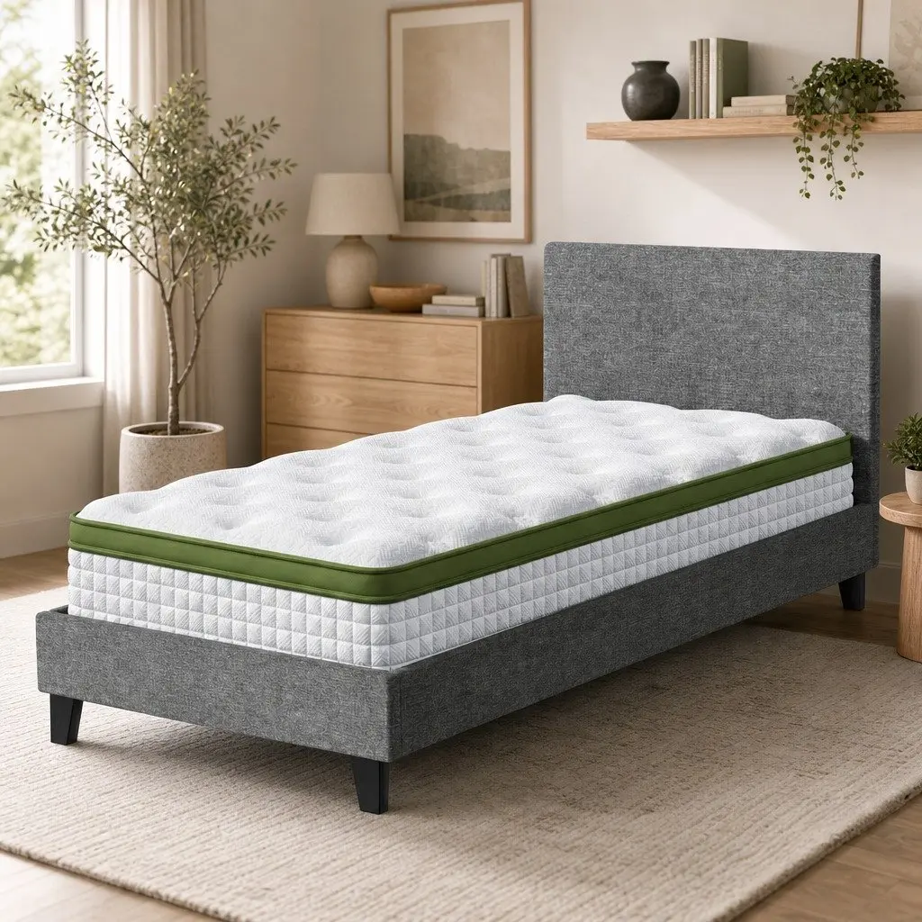 Single Bed Frame Hybrid Mattress 30cm Grey Upholstered Platform