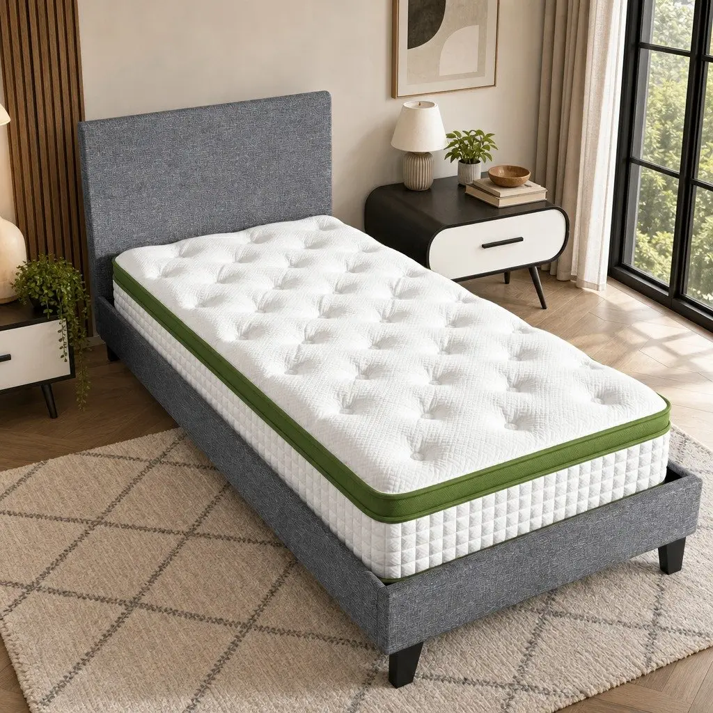 Single Bed Frame Hybrid Mattress 30cm Grey Upholstered Platform