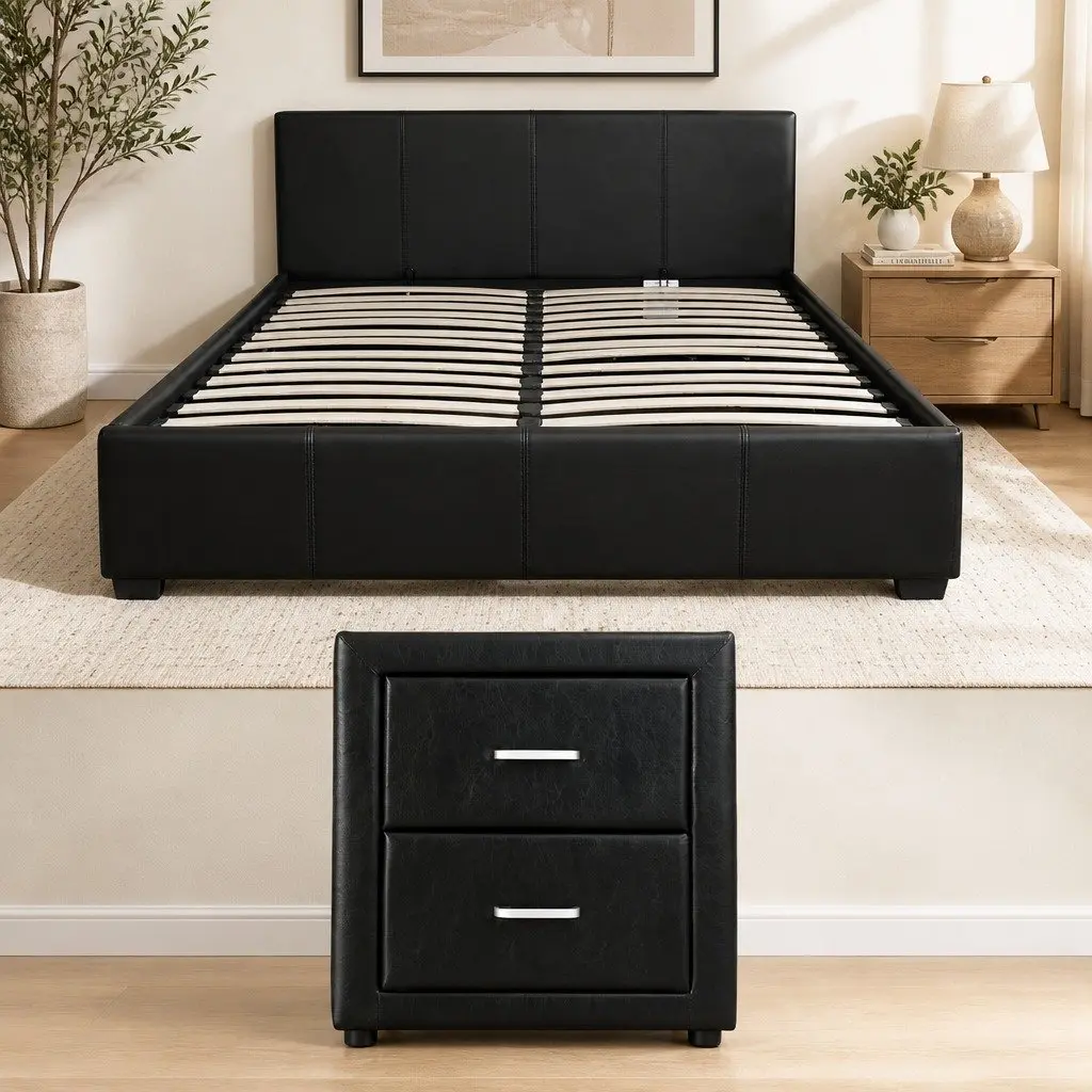 Queen Gas Lift Bed Frame with Storage and Bedside Table Set Black