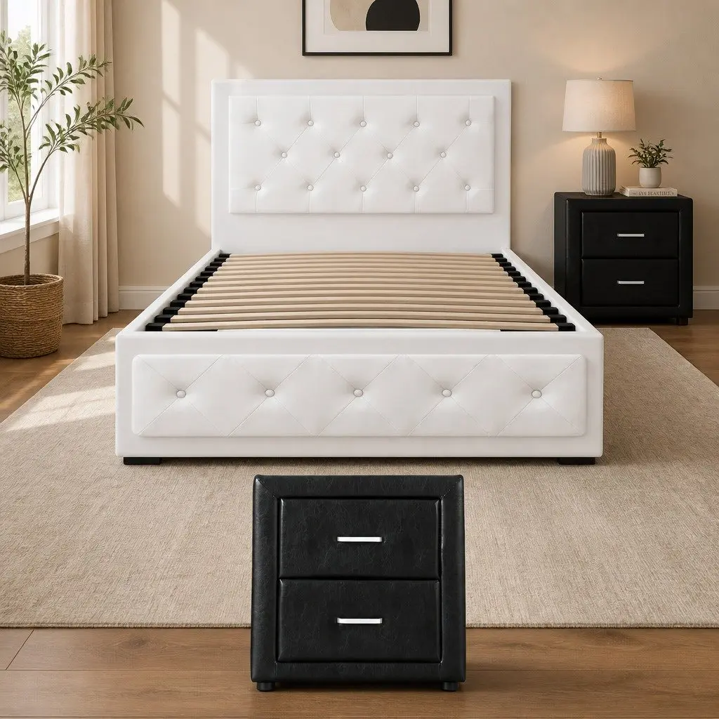 King Single Bed Frame Gas Lift Storage and Bedside Table Set White Black