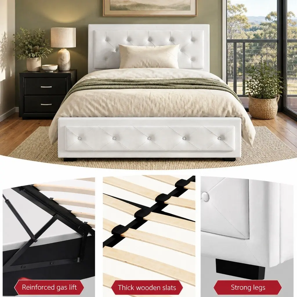 King Single Bed Frame Gas Lift Storage and Bedside Table Set White Black