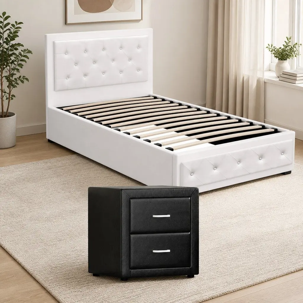 King Single Bed Frame Gas Lift Storage and Bedside Table Set White Black