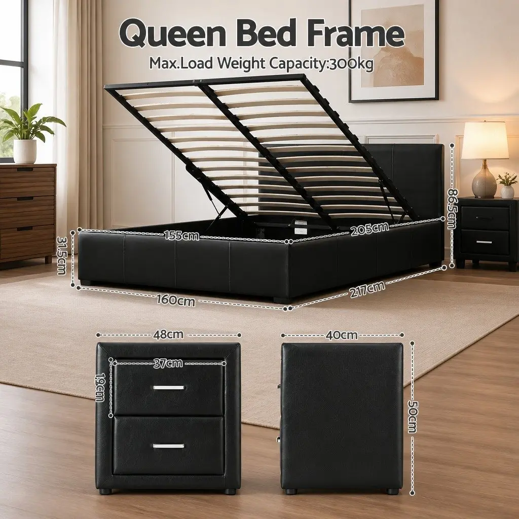 Queen Bed Frame Gas Lift Storage 2 Bedside Tables Black Bedroom Set