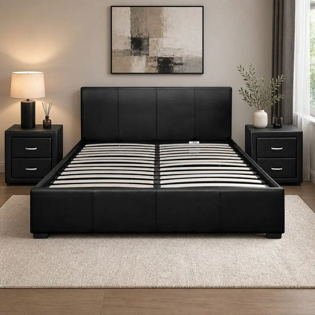 Queen Bed Frame Gas Lift Storage 2 Bedside Tables Black Bedroom Set